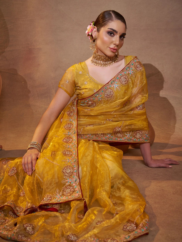 Mustard Yellow Tissue Organza Saree | Designer Embroidery Work for Haldi Wear