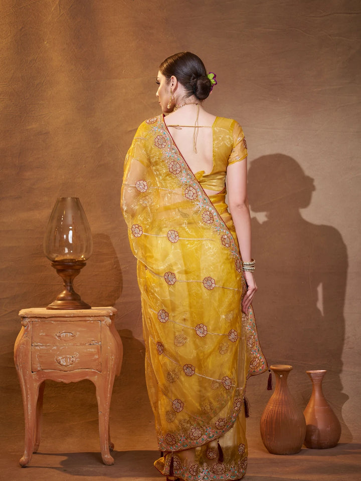 Mustard Yellow Tissue Organza Saree | Designer Embroidery Work for Haldi Wear