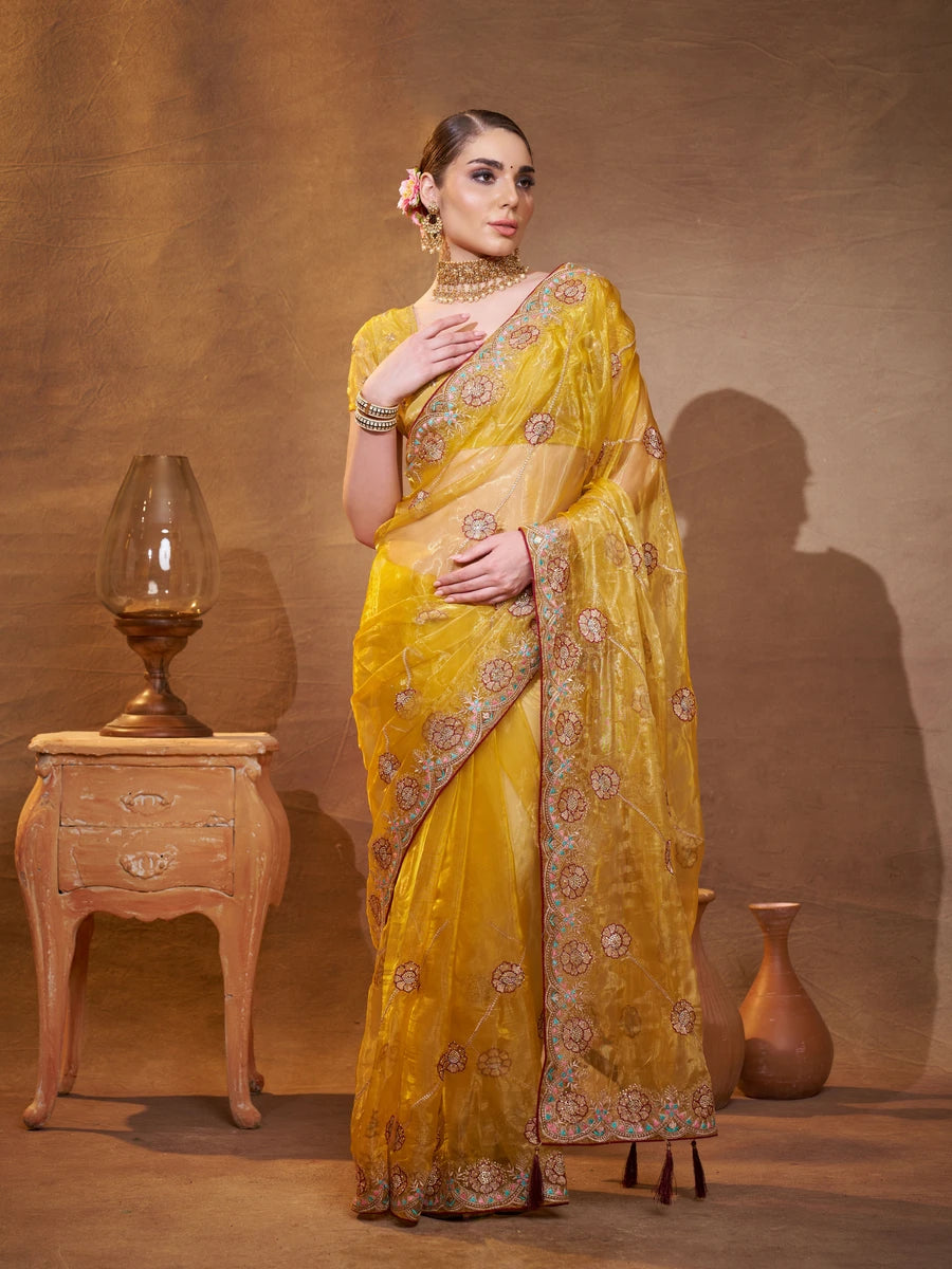 Mustard Yellow Tissue Organza Saree | Designer Embroidery Work for Haldi Wear
