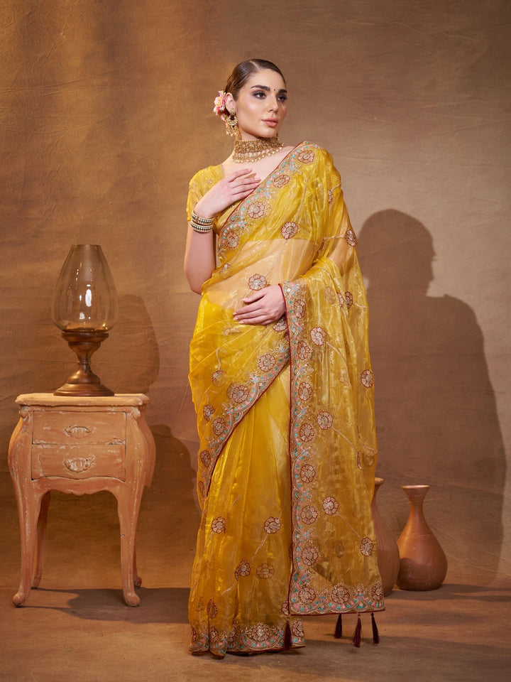 Mustard Yellow Tissue Organza Saree | Designer Embroidery Work for Haldi Wear