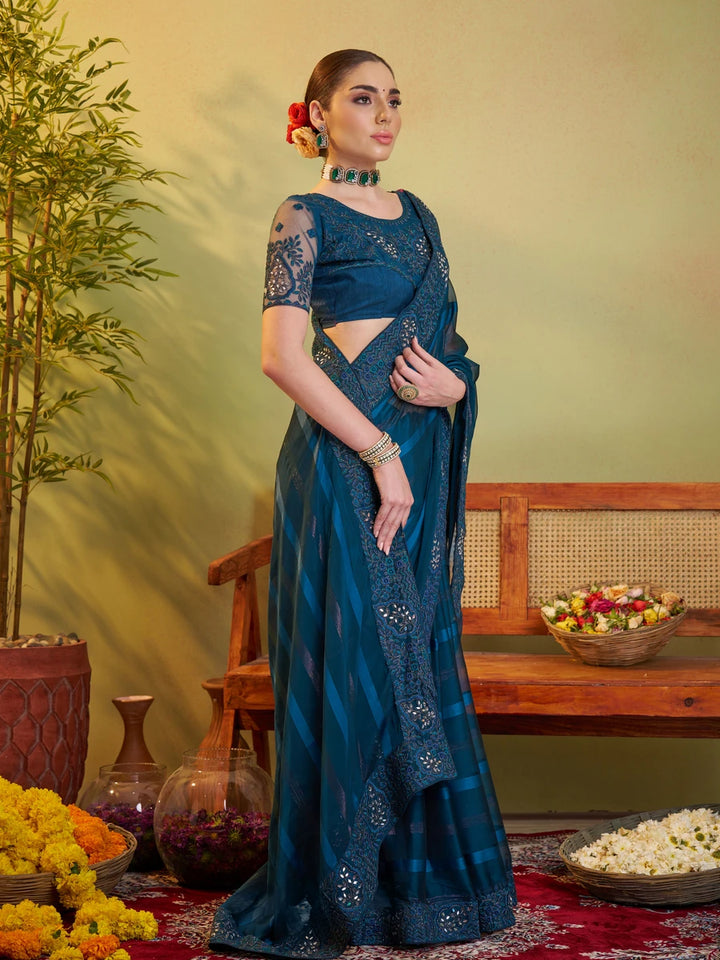 Teal Blue Saree Satin Patta | Designer Embroidery Elegant Party Wear