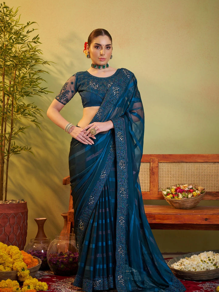 Teal Blue Saree Satin Patta | Designer Embroidery Elegant Party Wear