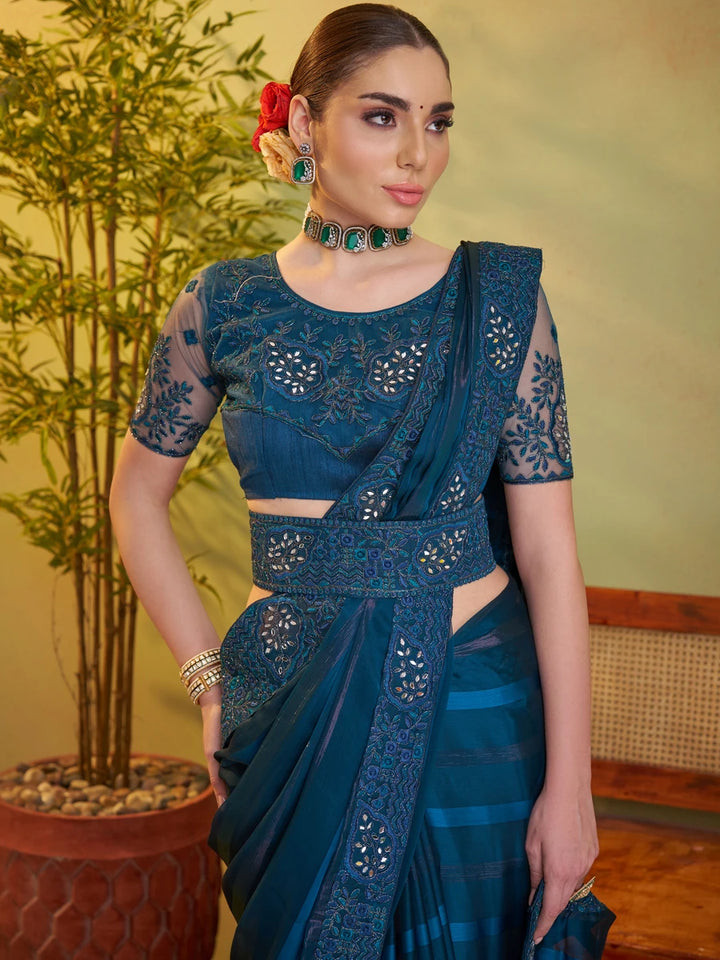 Teal Blue Saree Satin Patta | Designer Embroidery Elegant Party Wear