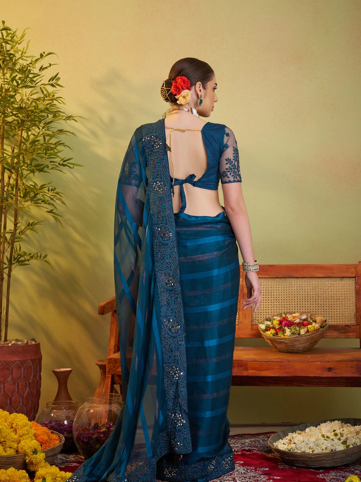Teal Blue Saree Satin Patta | Designer Embroidery Elegant Party Wear
