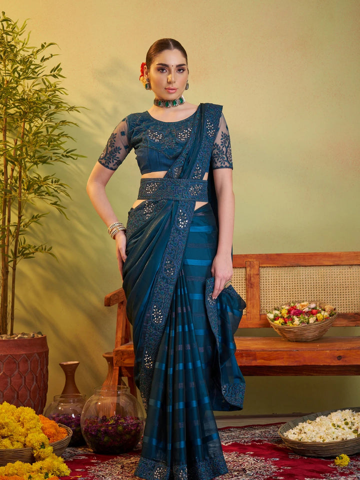 Teal Blue Saree Satin Patta | Designer Embroidery Elegant Party Wear