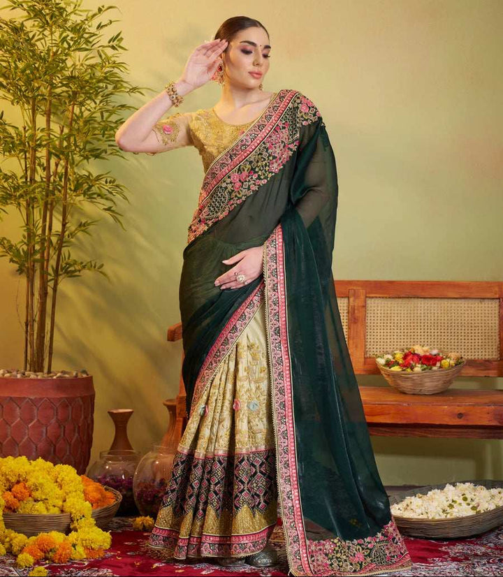 Exquisite Bottle Green Satin Silk Saree | Art Silk Blouse Embroidered Work