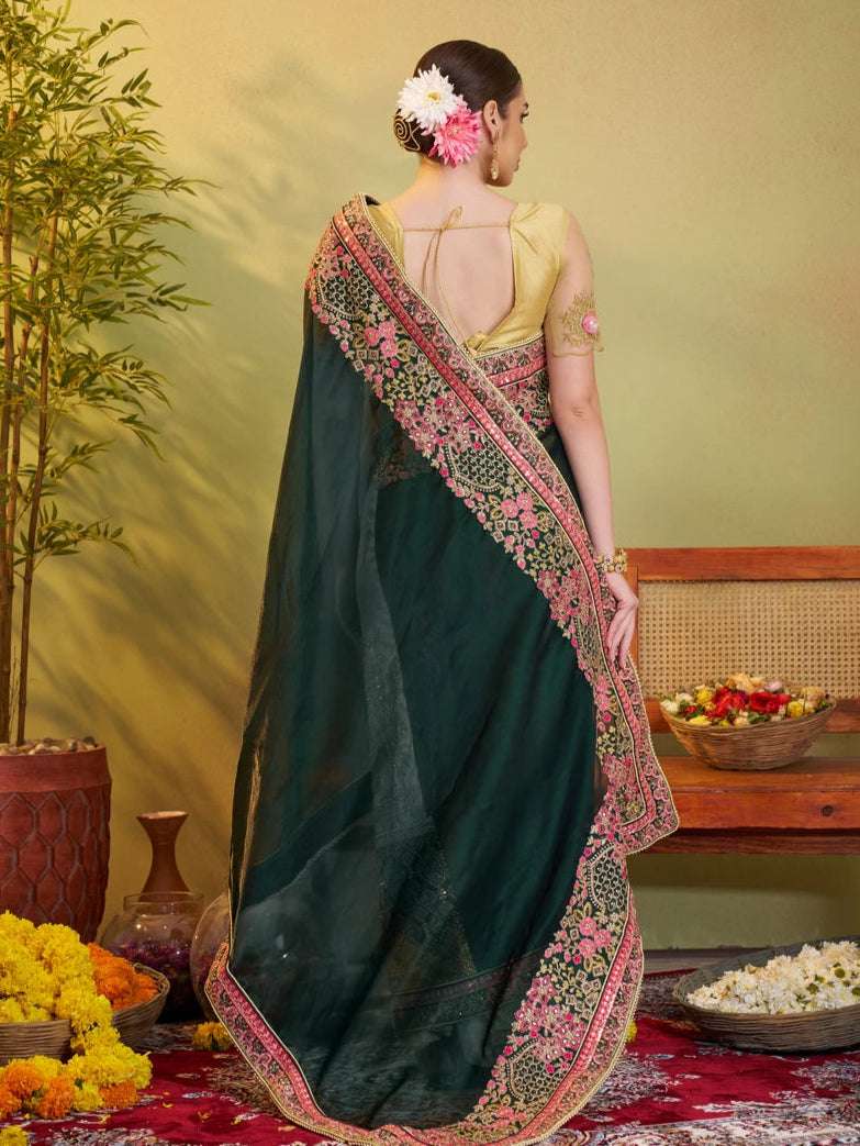Exquisite Bottle Green Satin Silk Saree | Art Silk Blouse Embroidered Work