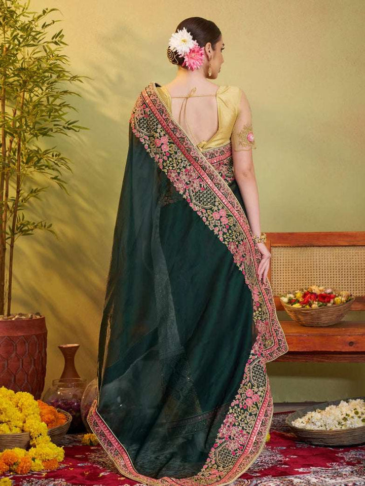 Exquisite Bottle Green Satin Silk Saree | Art Silk Blouse Embroidered Work