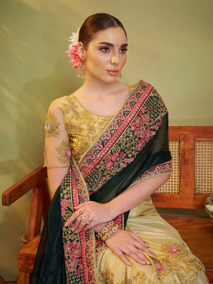 Exquisite Bottle Green Satin Silk Saree | Art Silk Blouse Embroidered Work