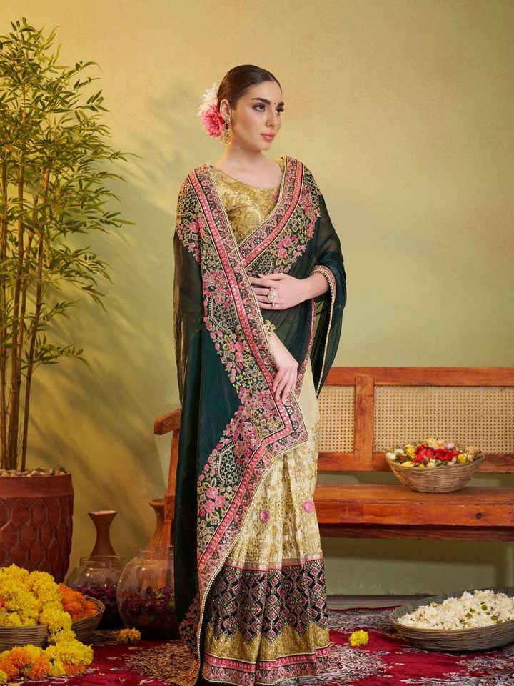 Exquisite Bottle Green Satin Silk Saree | Art Silk Blouse Embroidered Work