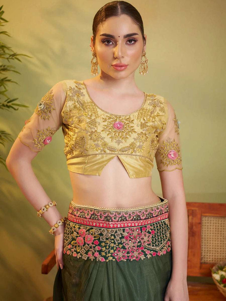 Exquisite Bottle Green Satin Silk Saree | Art Silk Blouse Embroidered Work