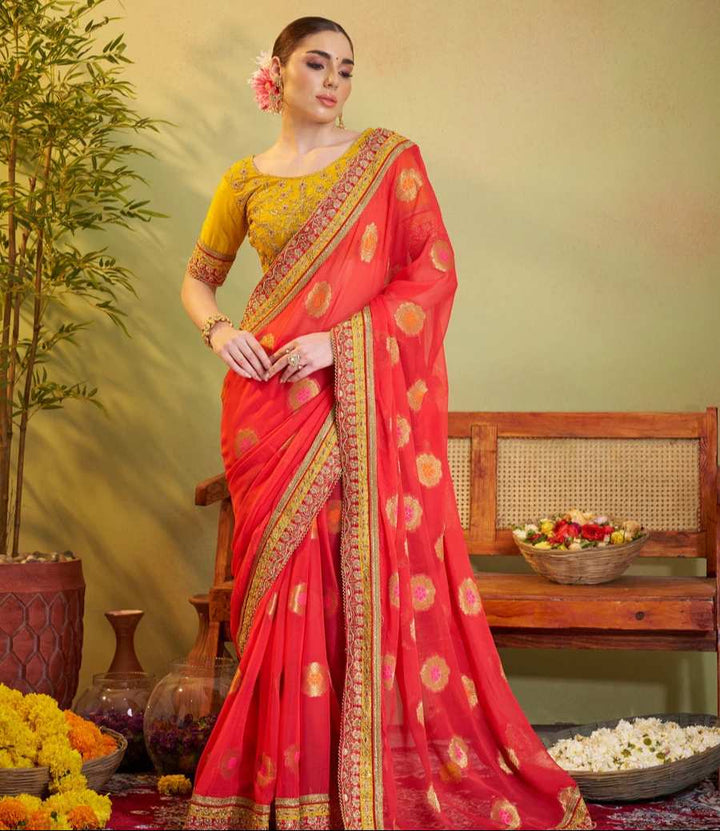 Red Viscose Saree with Embroidery | Art Silk Blouse for Weddings