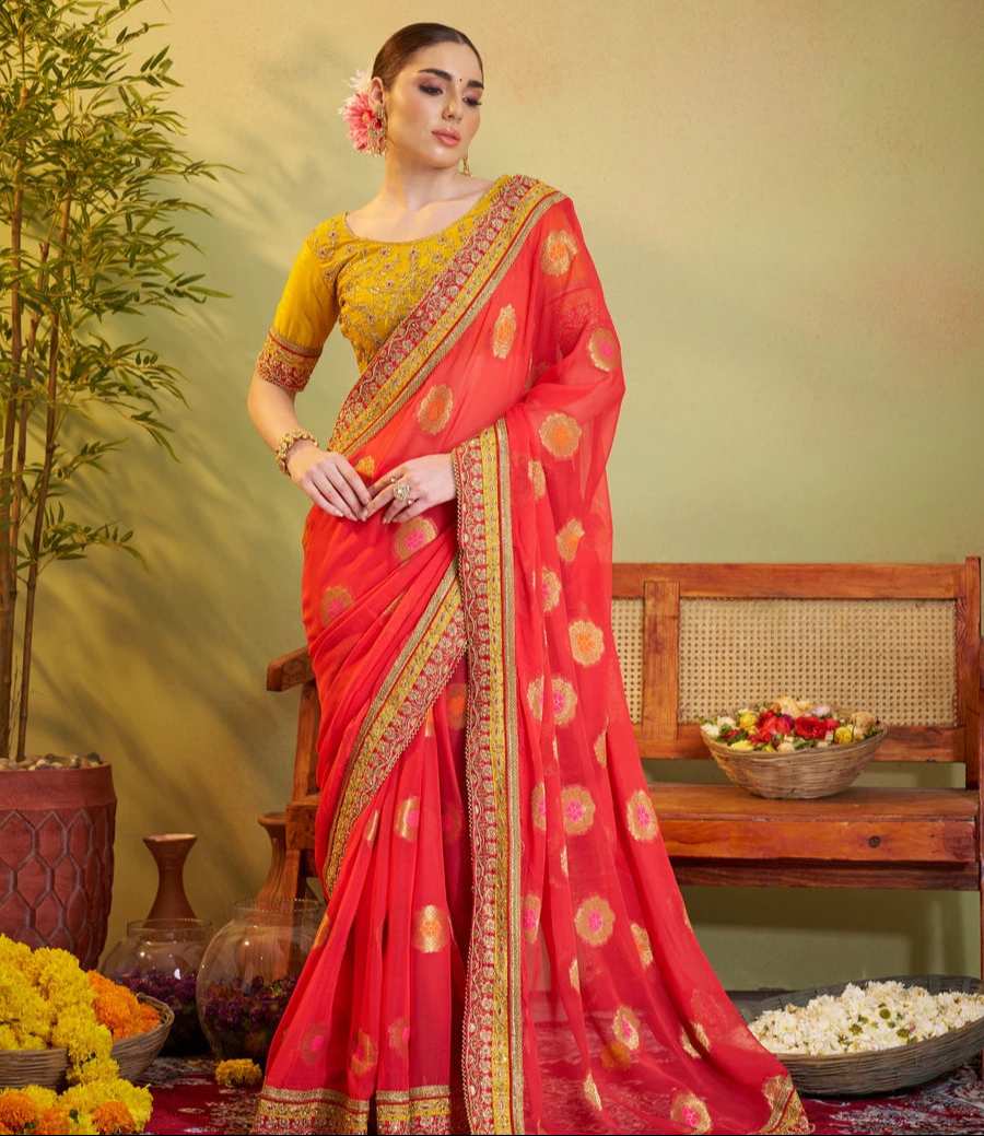 Red Viscose Saree with Embroidery | Art Silk Blouse for Weddings