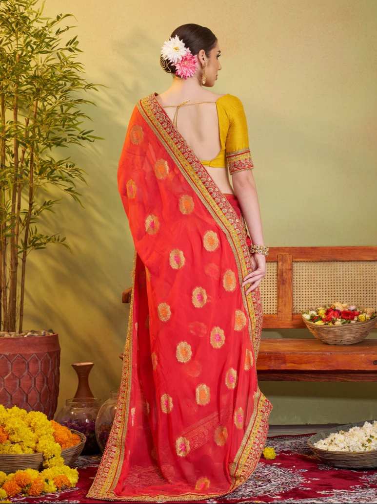 Red Viscose Saree with Embroidery | Art Silk Blouse for Weddings