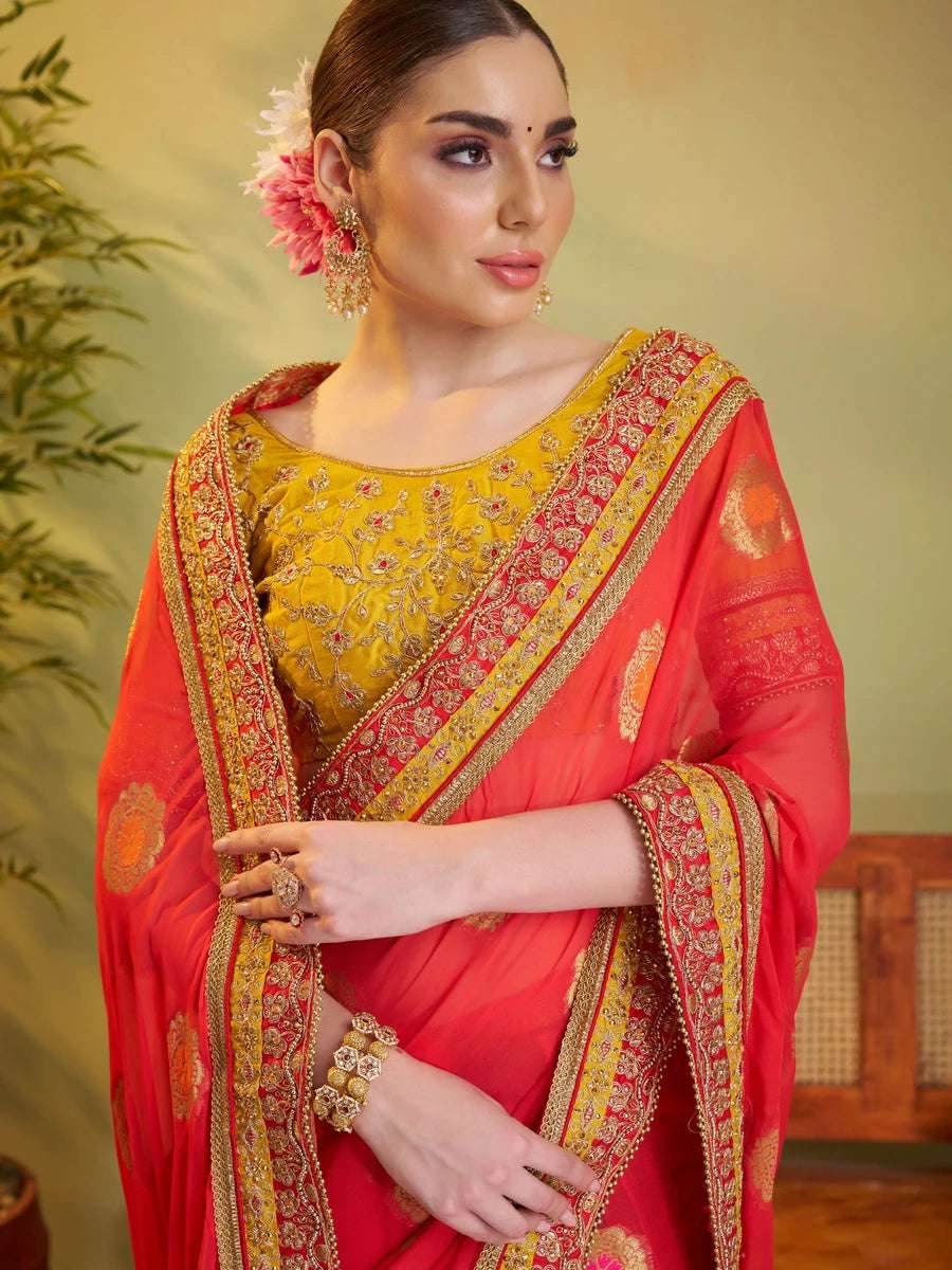 Red Viscose Saree with Embroidery | Art Silk Blouse for Weddings