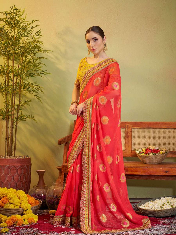 Red Viscose Saree with Embroidery | Art Silk Blouse for Weddings