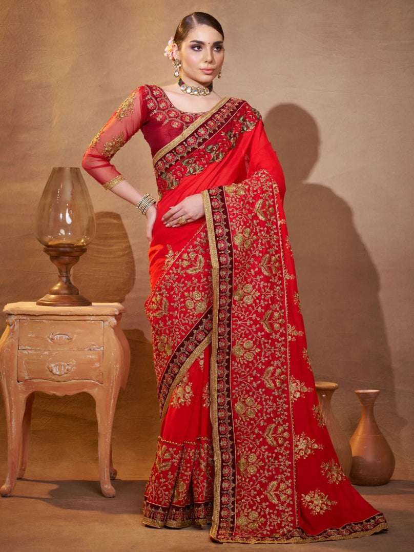 Luxurious Traditional Vichitra Silk Saree | Red Orange with Designer Work