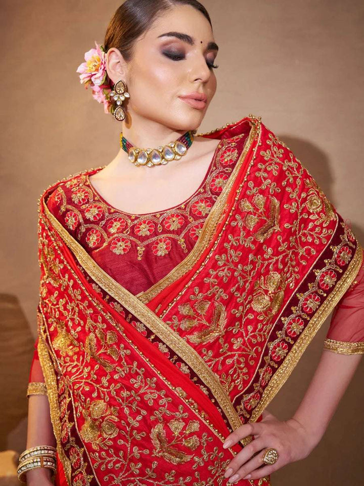 Luxurious Traditional Vichitra Silk Saree | Red Orange with Designer Work