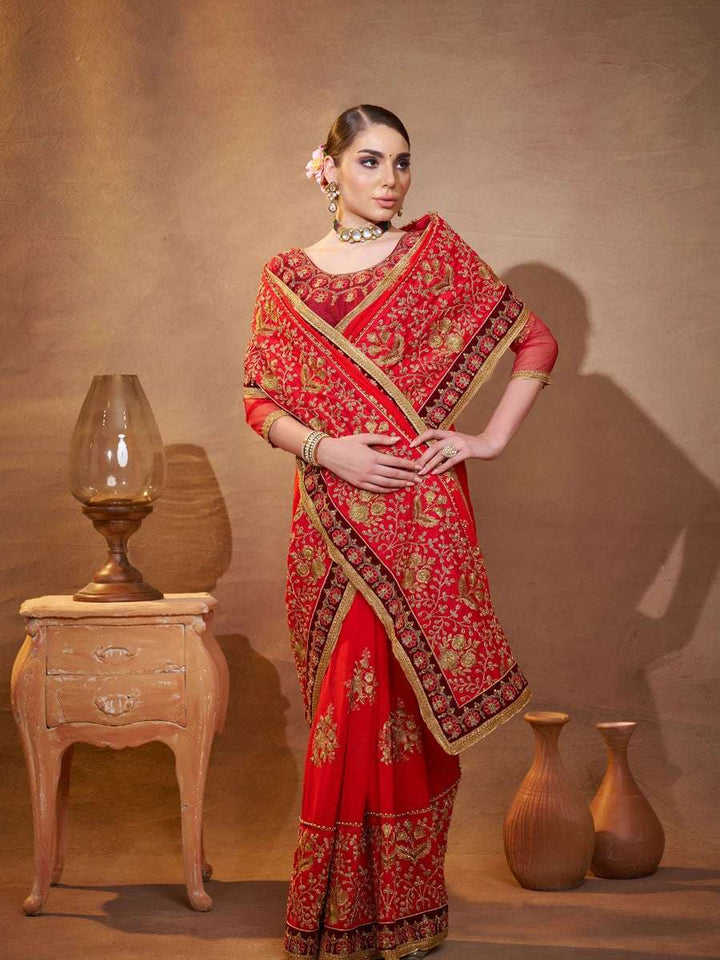 Luxurious Traditional Vichitra Silk Saree | Red Orange with Designer Work
