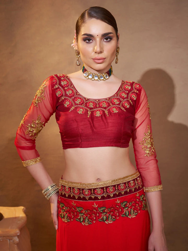 Luxurious Traditional Vichitra Silk Saree | Red Orange with Designer Work