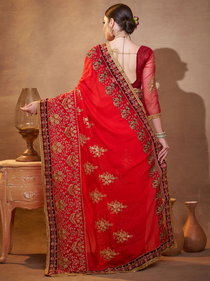 Luxurious Traditional Vichitra Silk Saree | Red Orange with Designer Work