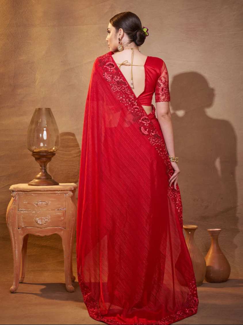 Graceful Maroon Satin Saree | Embroidered Elegance Special Events