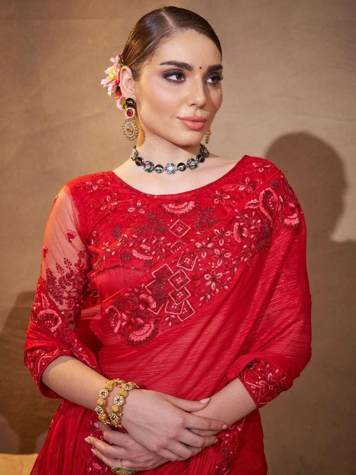Graceful Maroon Satin Saree | Embroidered Elegance Special Events