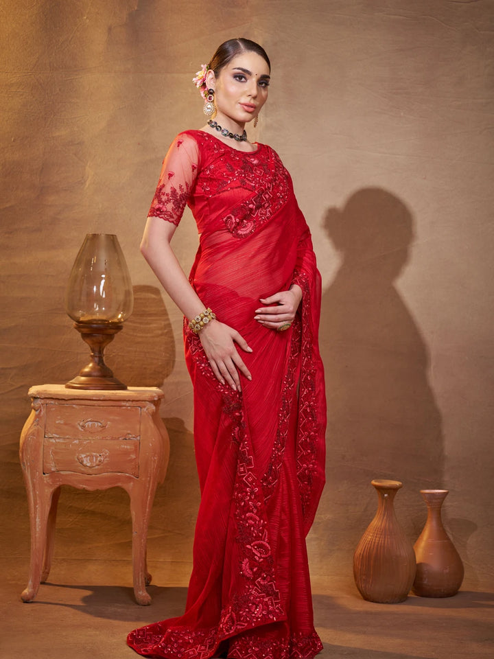 Graceful Maroon Satin Saree | Embroidered Elegance Special Events