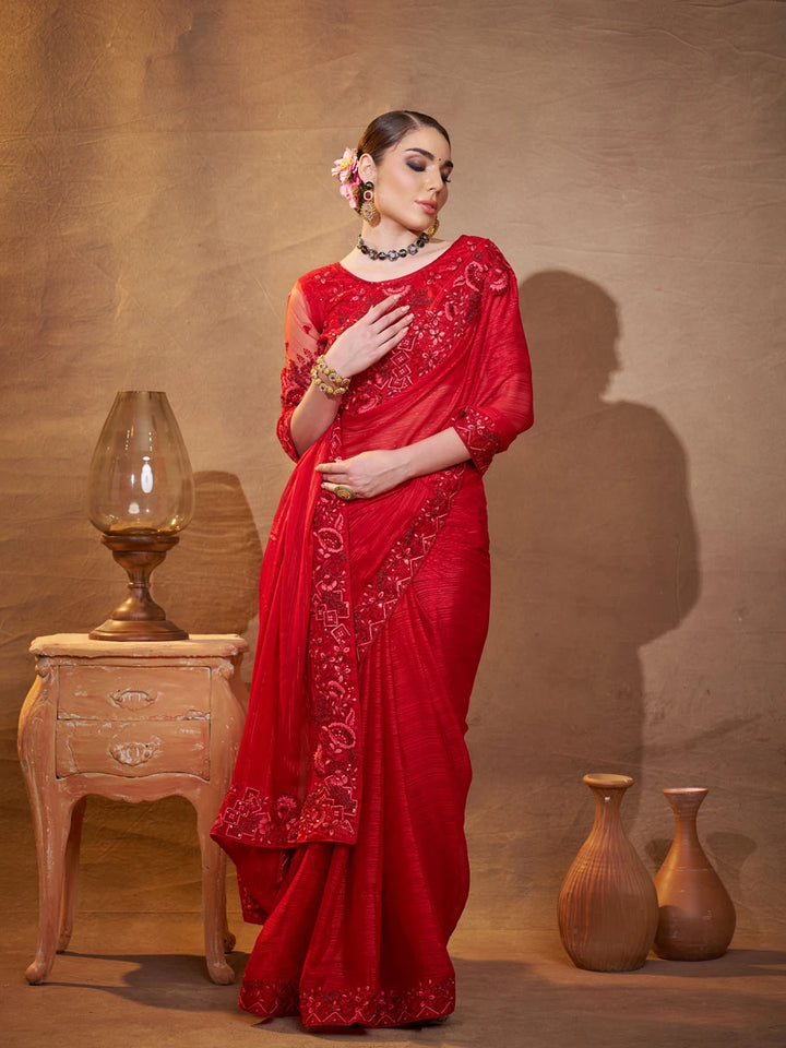 Graceful Maroon Satin Saree | Embroidered Elegance Special Events