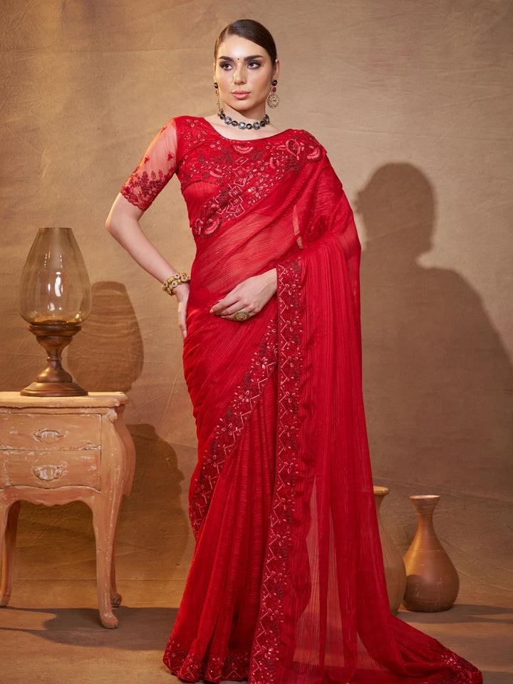 Graceful Maroon Satin Saree | Embroidered Elegance Special Events