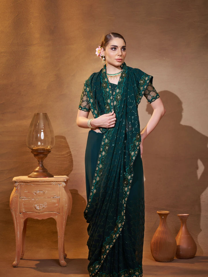 Comfortable Designer Embroidered Saree | Dark Green Georgette Beauty