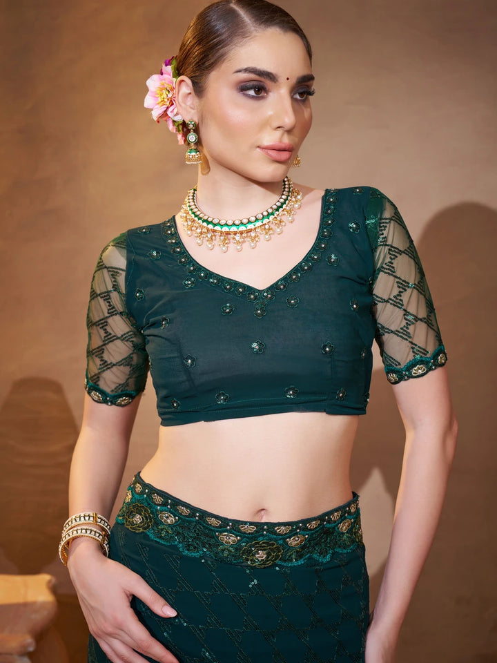 Comfortable Designer Embroidered Saree | Dark Green Georgette Beauty