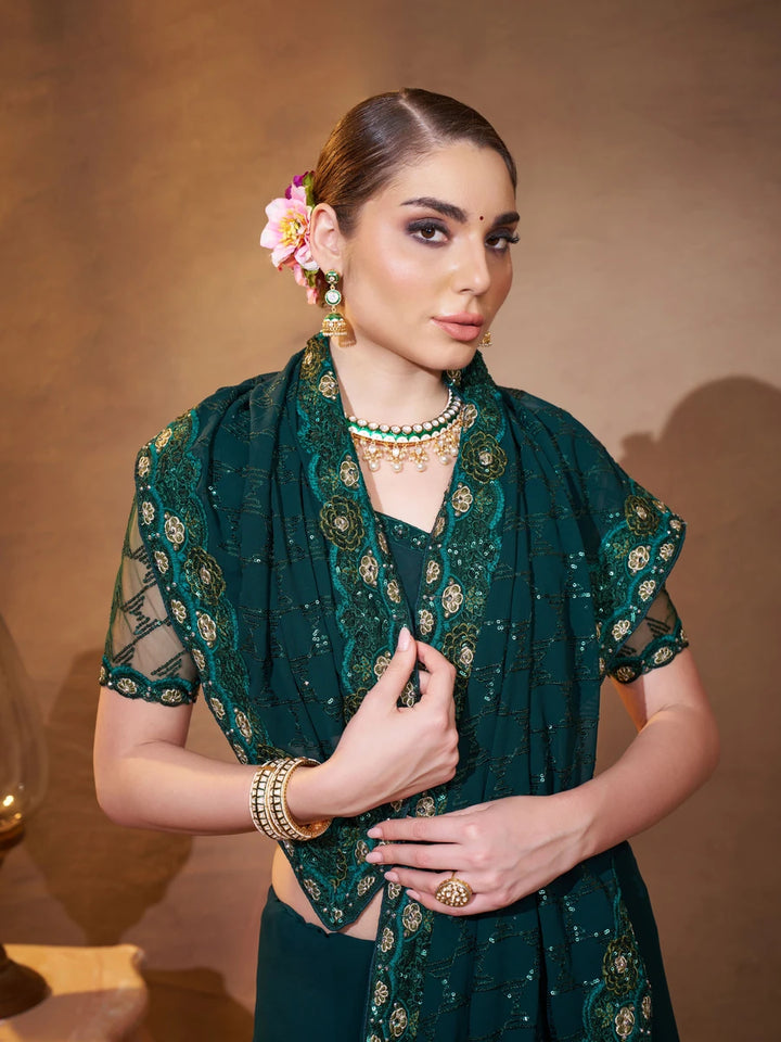 Comfortable Designer Embroidered Saree | Dark Green Georgette Beauty