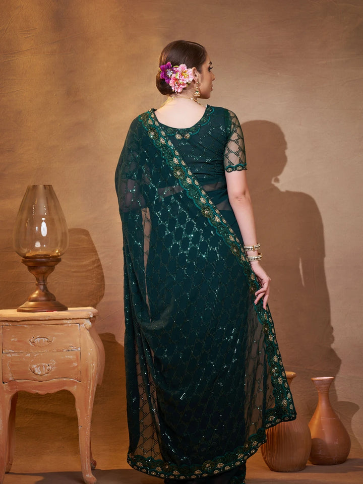 Comfortable Designer Embroidered Saree | Dark Green Georgette Beauty