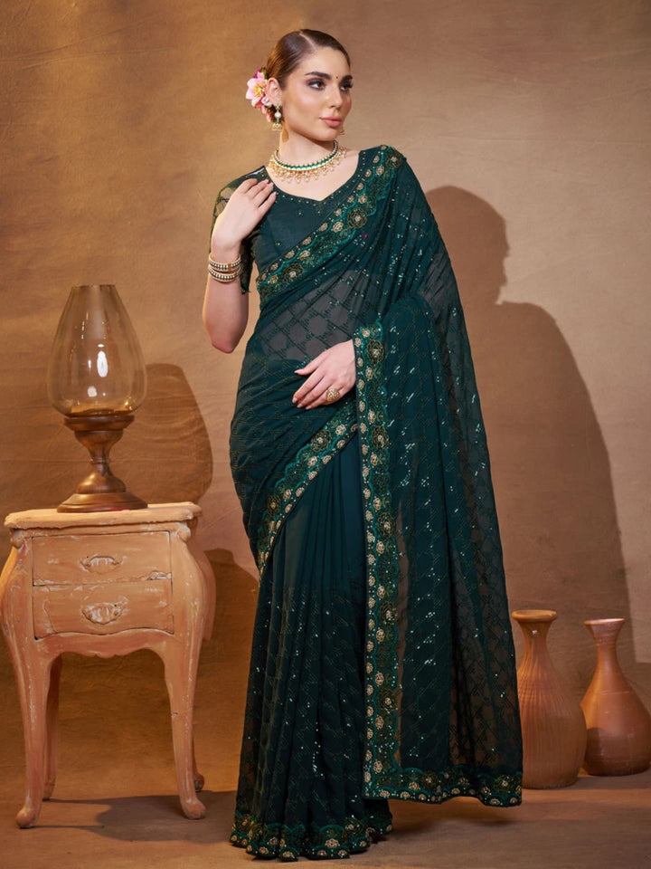 Comfortable Designer Embroidered Saree | Dark Green Georgette Beauty