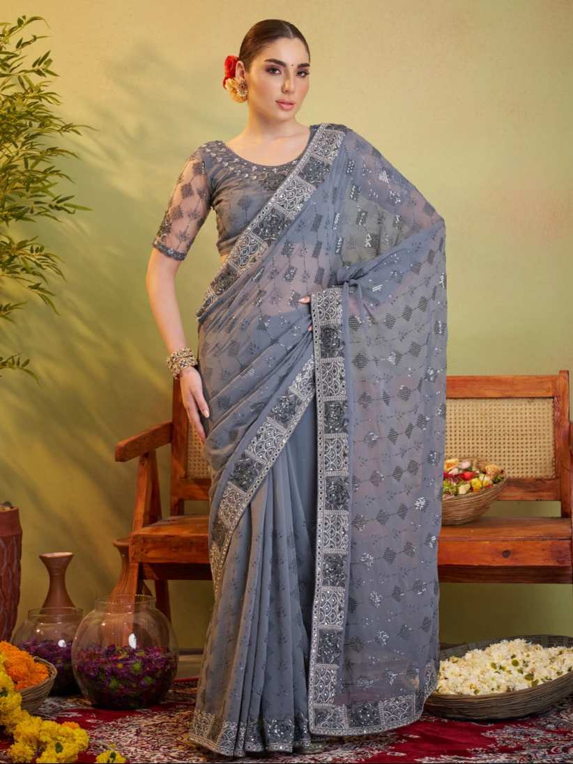 Modern Georgette Saree | Light Gray Designer Embroidery