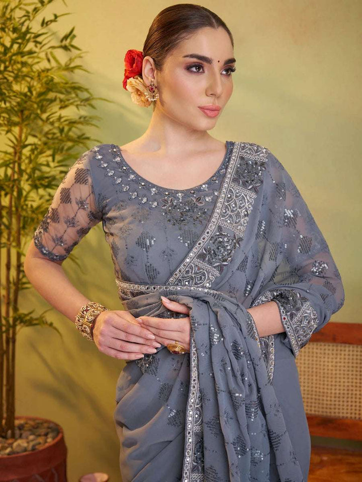 Modern Georgette Saree | Light Gray Designer Embroidery