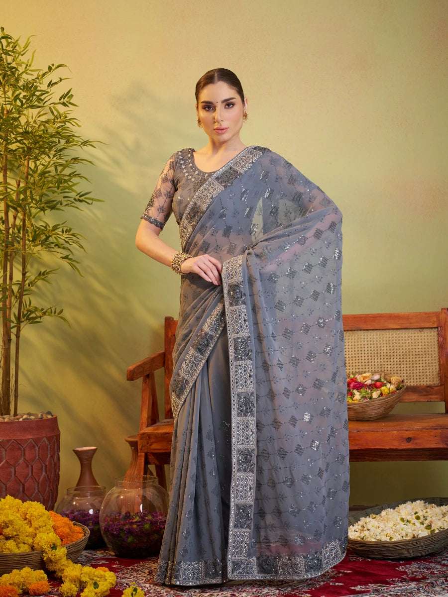 Modern Georgette Saree | Light Gray Designer Embroidery