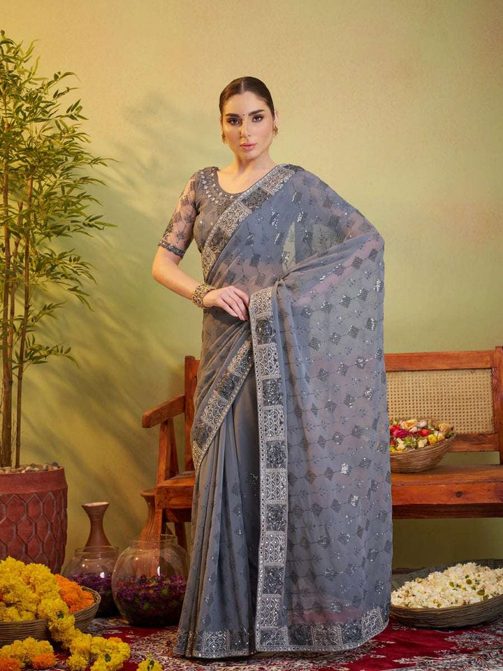 Modern Georgette Saree | Light Gray Designer Embroidery