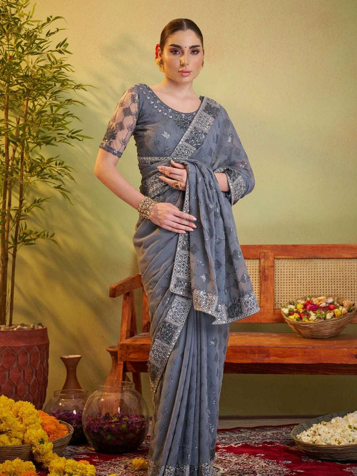 Modern Georgette Saree | Light Gray Designer Embroidery