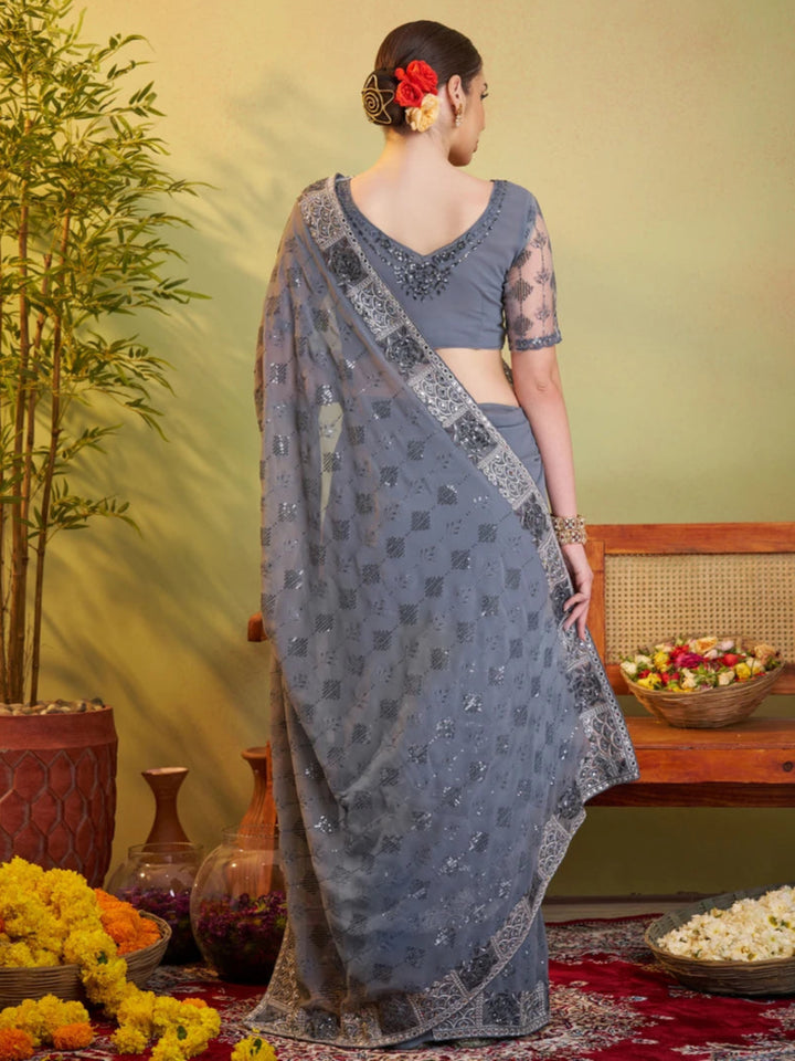 Modern Georgette Saree | Light Gray Designer Embroidery