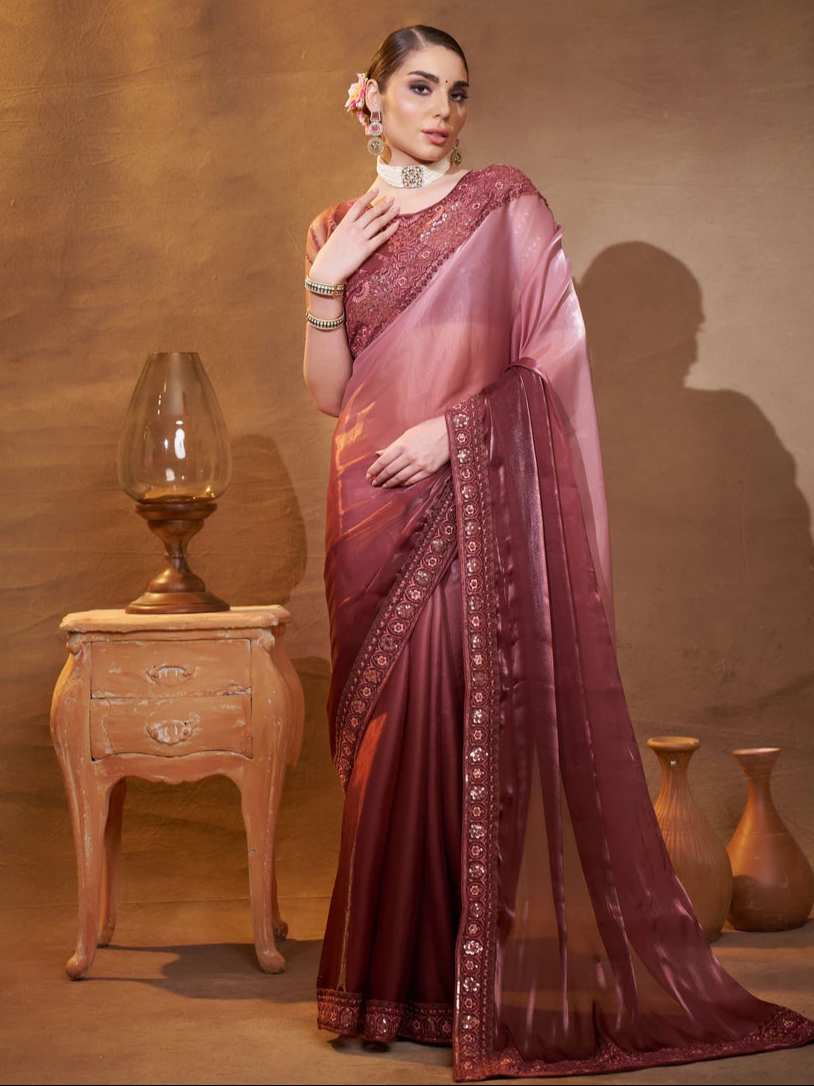 Party Wear Soft Wine Saree | Satin Fabric & Embellished Art Silk Blouse