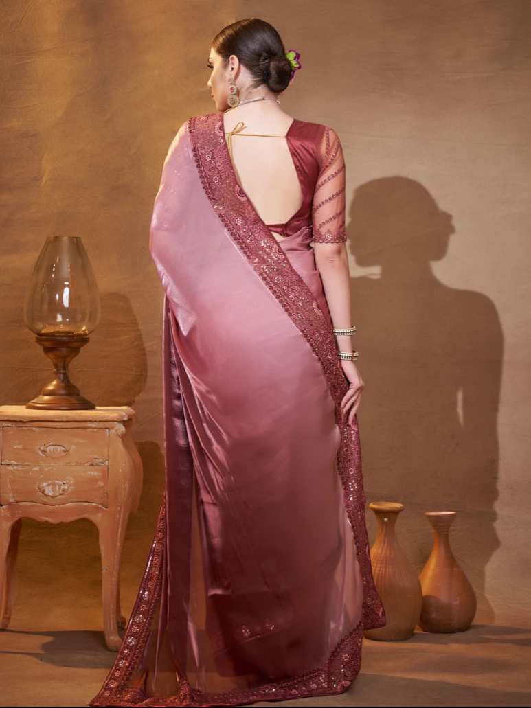 Party Wear Soft Wine Saree | Satin Fabric & Embellished Art Silk Blouse
