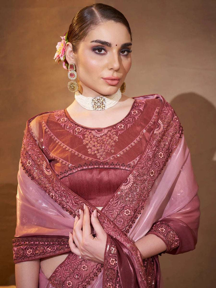 Party Wear Soft Wine Saree | Satin Fabric & Embellished Art Silk Blouse