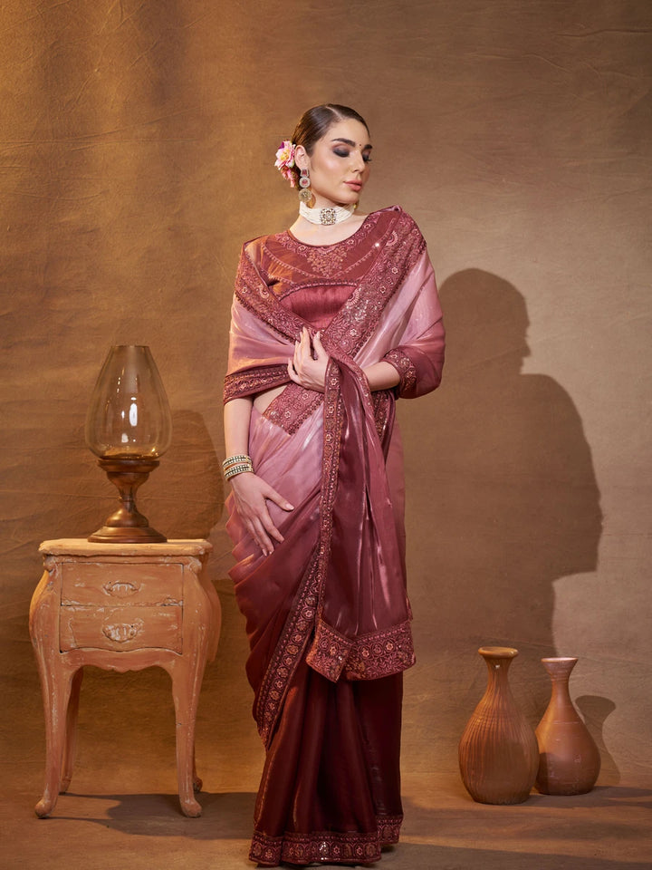 Party Wear Soft Wine Saree | Satin Fabric & Embellished Art Silk Blouse