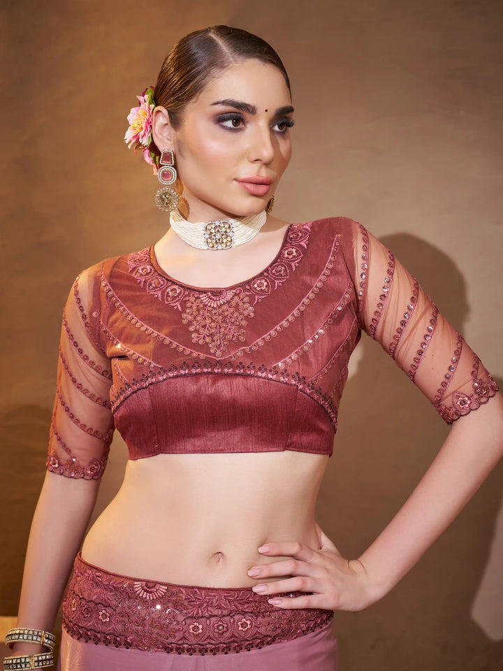 Party Wear Soft Wine Saree | Satin Fabric & Embellished Art Silk Blouse