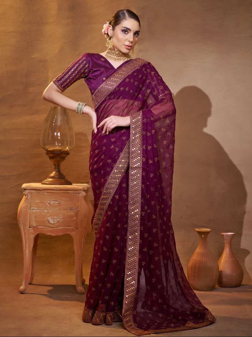 Exquisite Wine Saree | Chiffon & Art Silk  Designer Embroidery Work