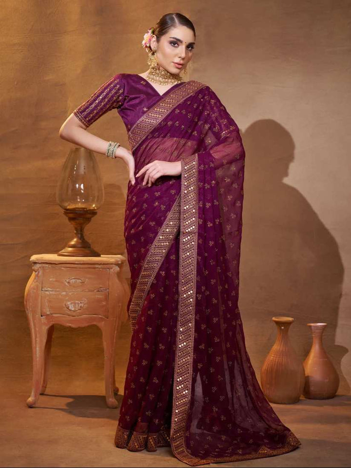 Exquisite Wine Saree | Chiffon & Art Silk  Designer Embroidery Work
