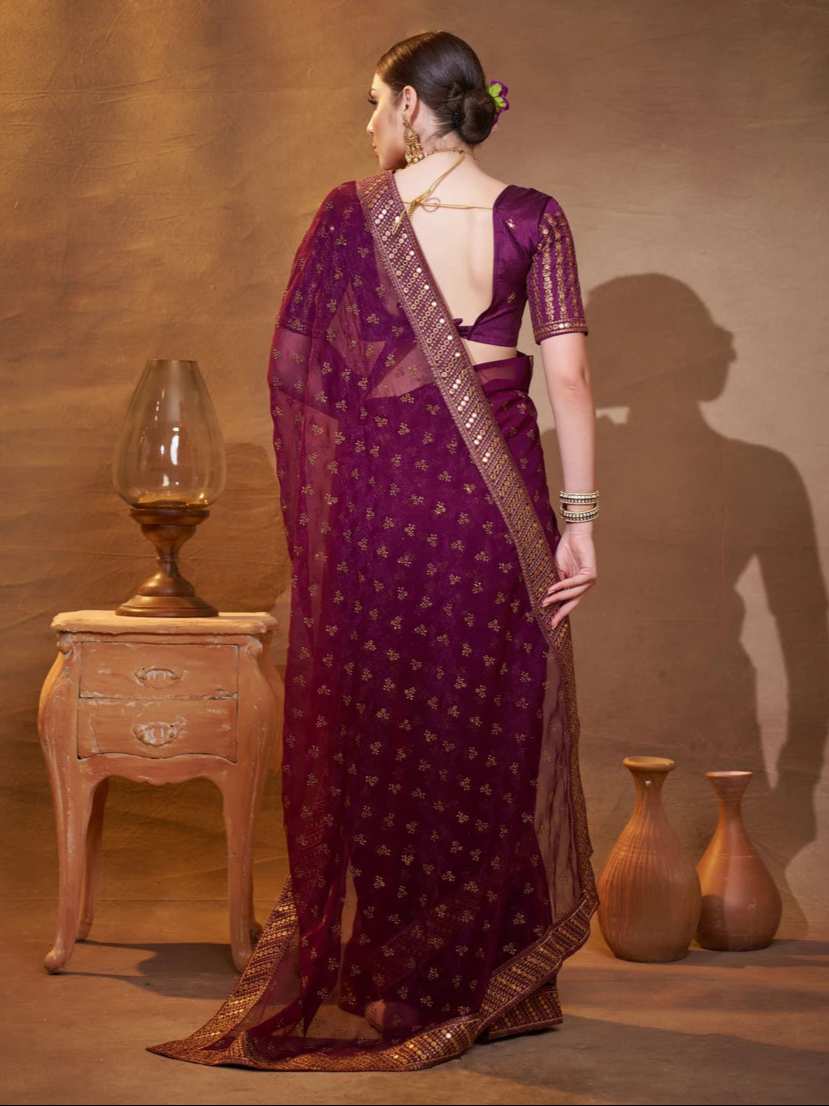 Exquisite Wine Saree | Chiffon & Art Silk  Designer Embroidery Work