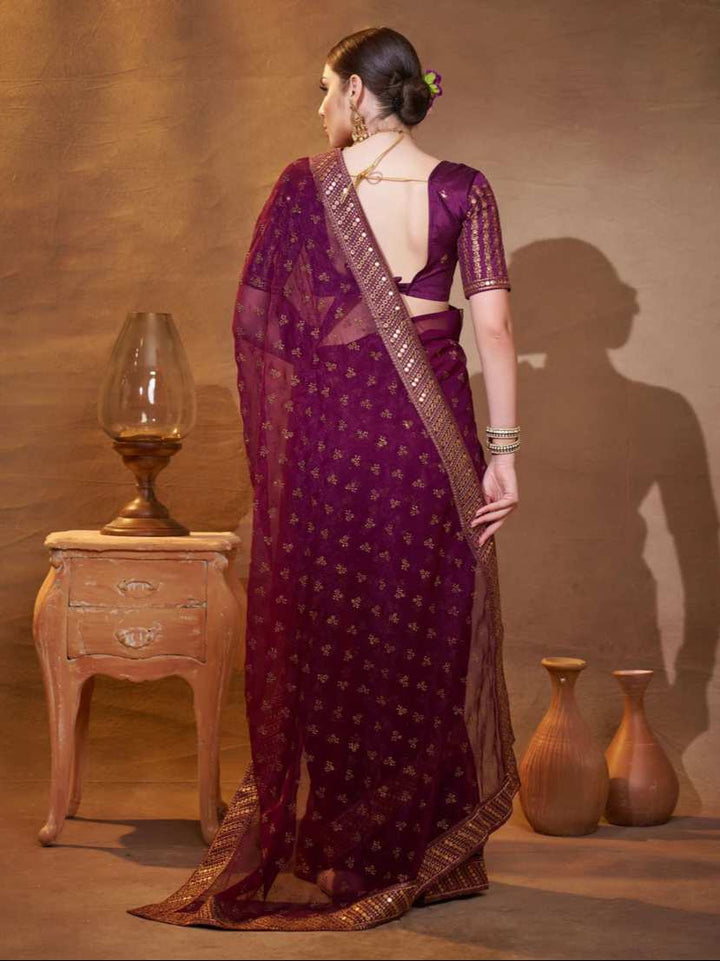 Exquisite Wine Saree | Chiffon & Art Silk  Designer Embroidery Work